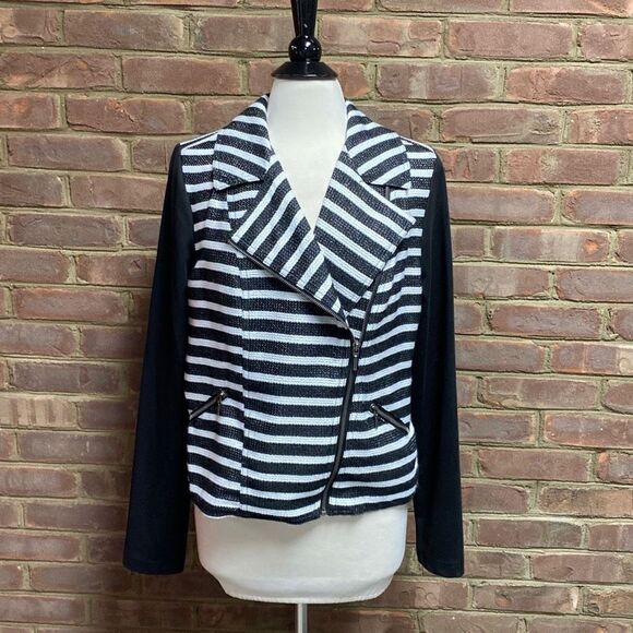 Maurices Black & White Striped Moto Jacket Size XL NEW - Picture 2 of 9